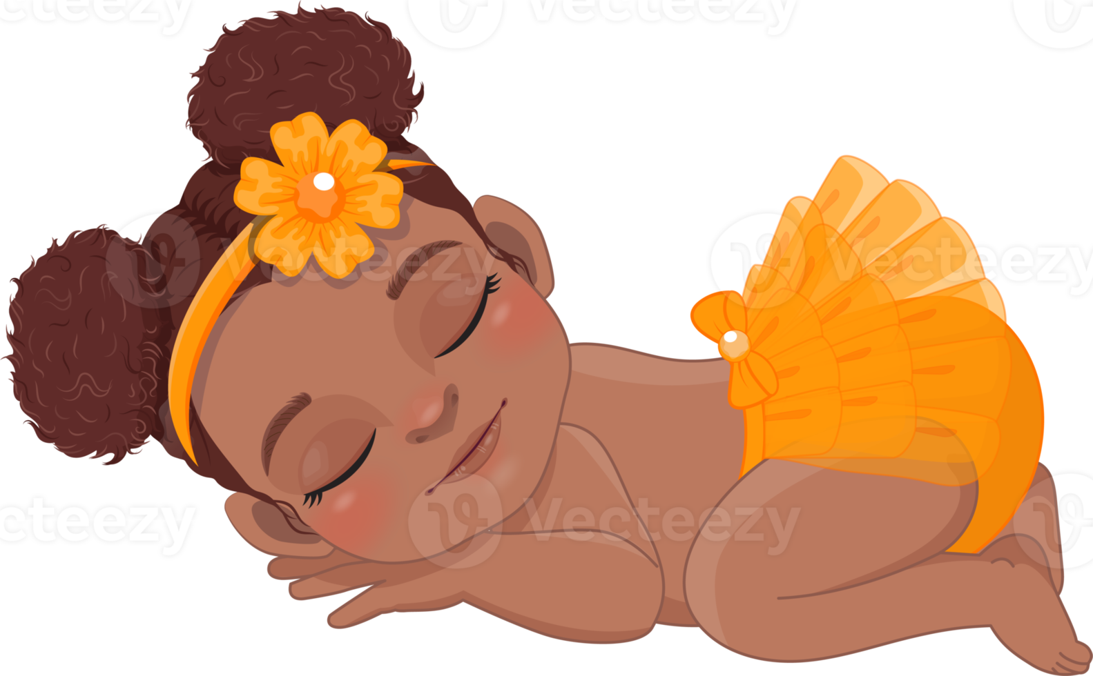 Cartoon character sleeping black baby girl wearing orange ruffled diaper cartoon png