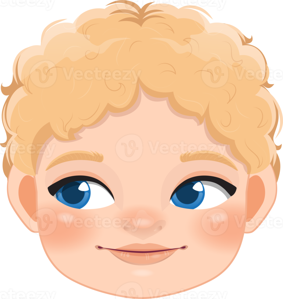 mignonne garçon visage et blond cheveux souriant , rouleau yeux à le la gauche main dessin animé personnage conception png