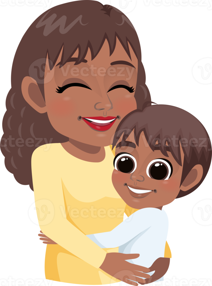 Cartoon character with African American Mom and son embrace. Mother is day concept png