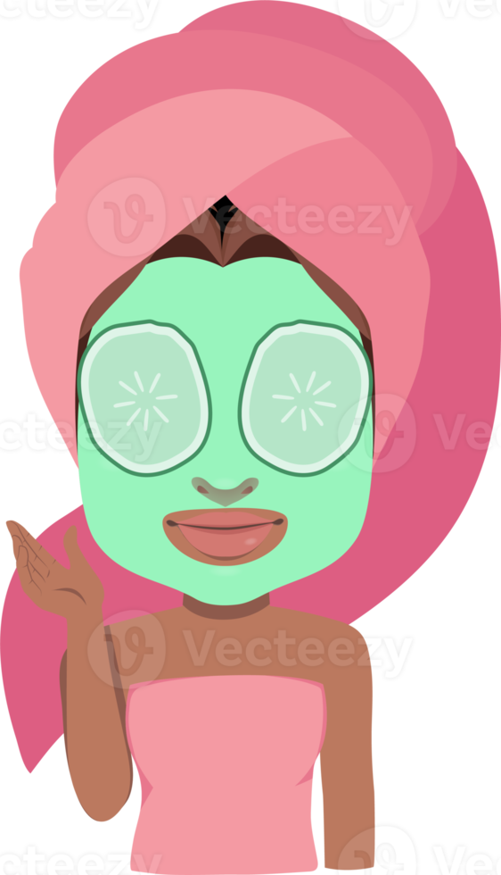 Relaxing American African Girl in towel with face mask, cucumber eye patch skincare flat icon design png