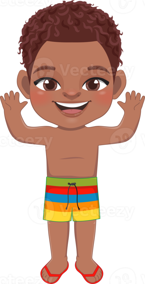 Cartoon happy little black boy in a summer swimsuit png