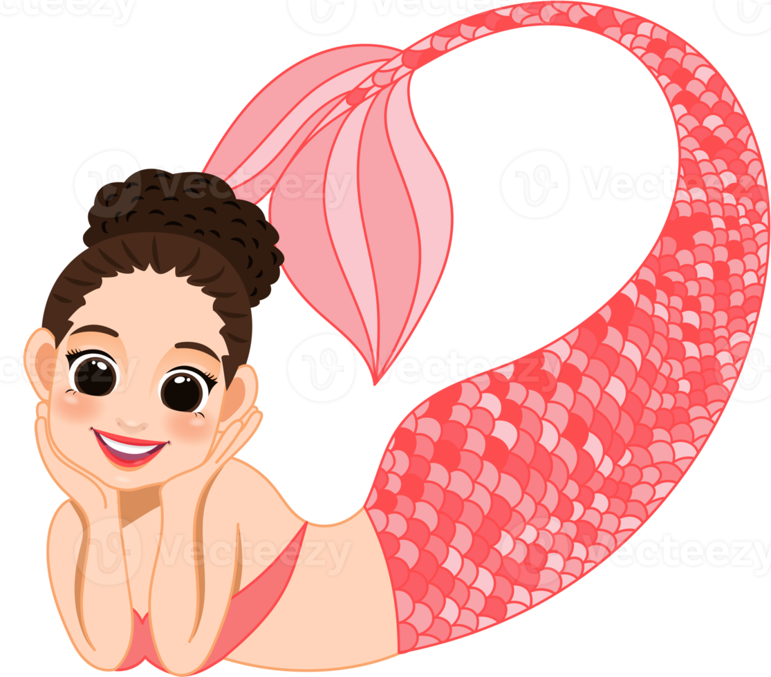 Cartoon character with cute mermaid princess with colorful hair and tail png