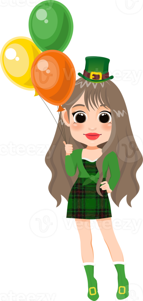 Happy Saint Patrick's Day with Pretty leprechaun girl with Irish Balloon Cartoon Character Girl png