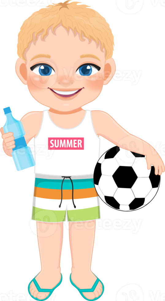 Beach boy in summer holiday. Kids holding football and water bottle cartoon character design png