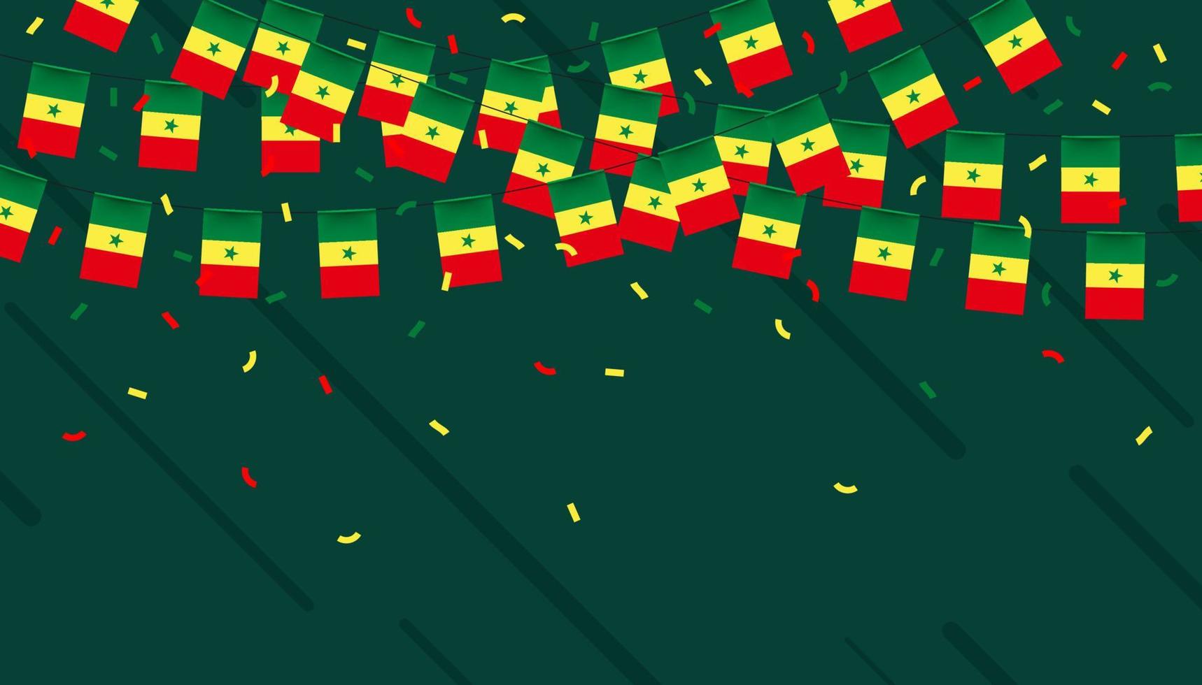 Senegal celebration bunting flags with confetti and ribbons on green background. vector illustration.