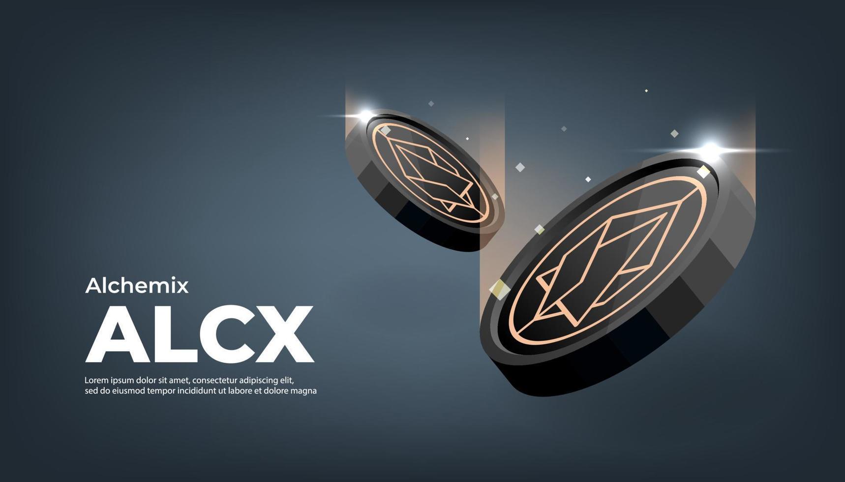 Alchemix ALCX coin crypto currency themed banner. ALCX icon on modern black color background. vector