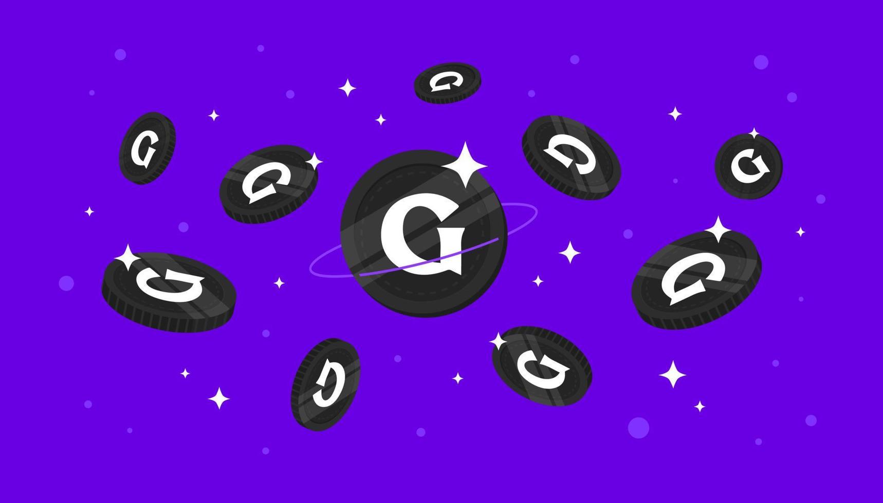 Guild of Guardians coins falling from the sky. GOG cryptocurrency concept banner background. vector