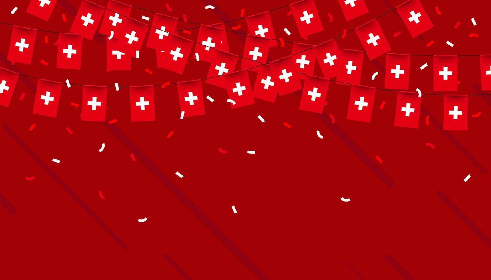 Suiza celebracion verderón banderas con papel picado y cintas en rojo antecedentes. vector ilustración.