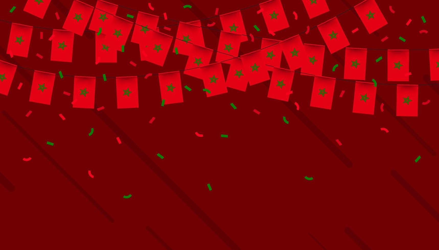 Marruecos celebracion verderón banderas con papel picado y cintas en rojo antecedentes. vector ilustración.