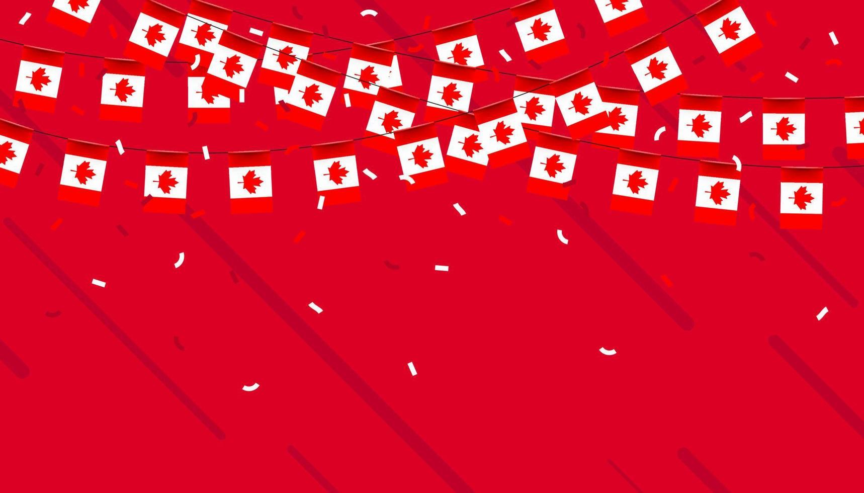 Canadá celebracion verderón banderas con papel picado y cintas en rojo antecedentes. vector ilustración.