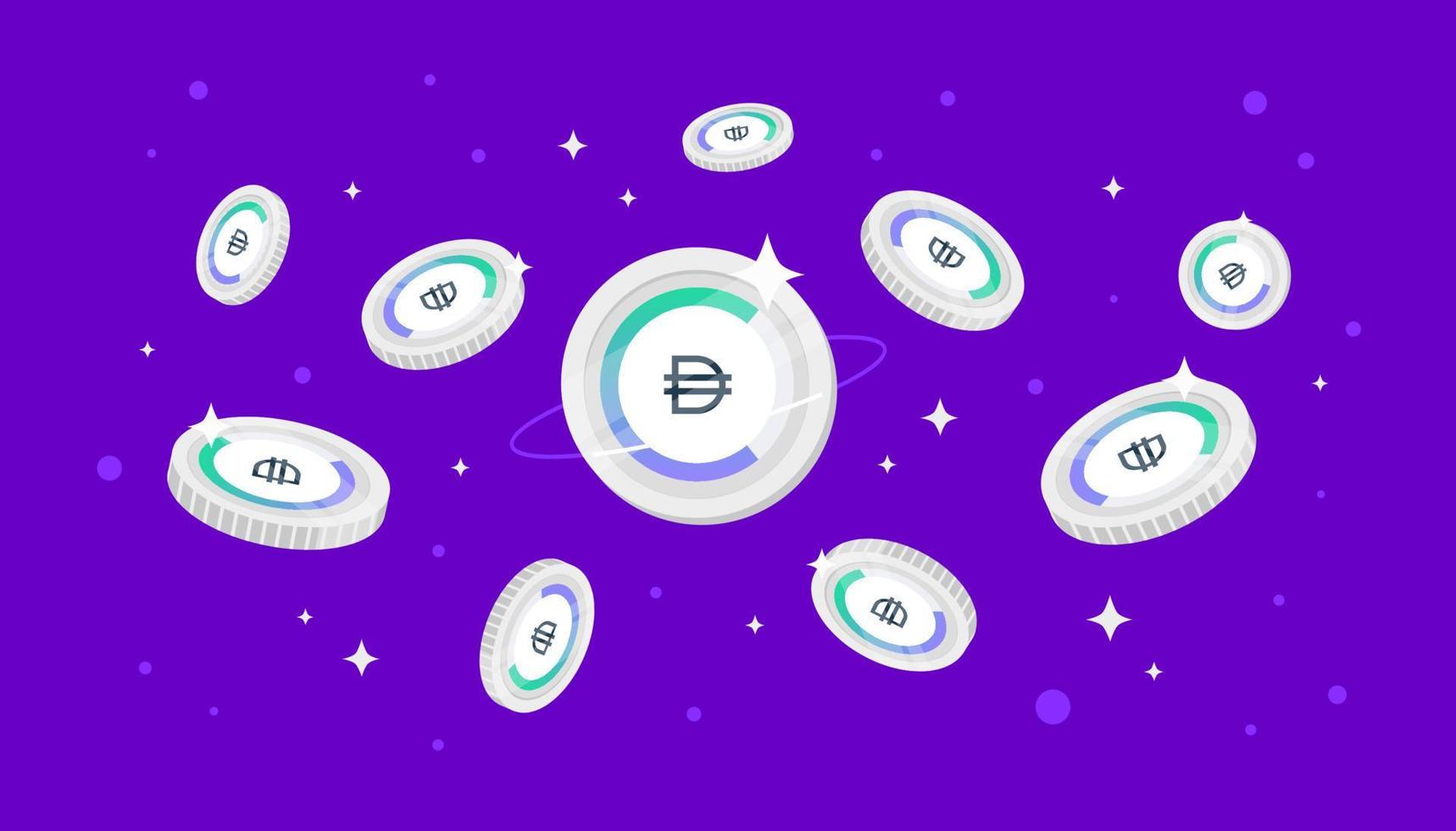 Compound Dai coins falling from the sky. CDAI cryptocurrency concept banner background. vector