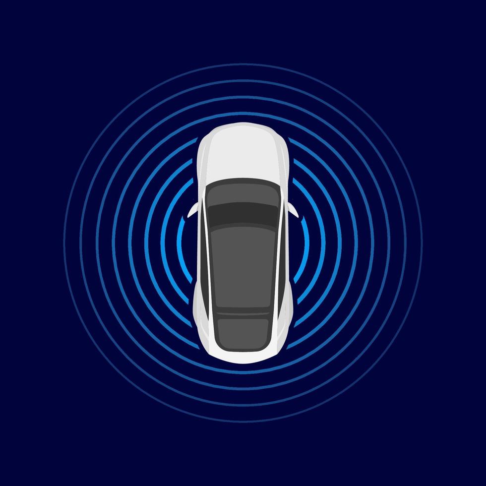 Autonomous car top view. Self driving vehicle with radar sensing system. Driverless automobile on road. vector