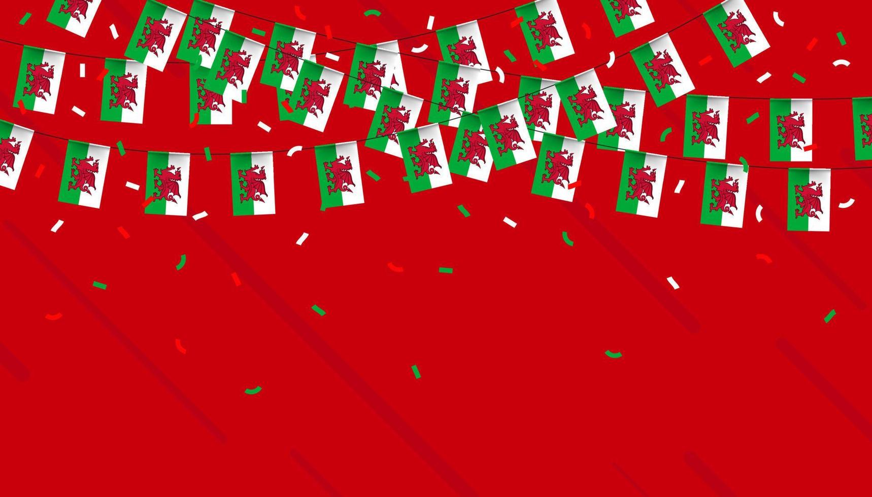 Wales celebration bunting flags with confetti and ribbons on red background. vector illustration.