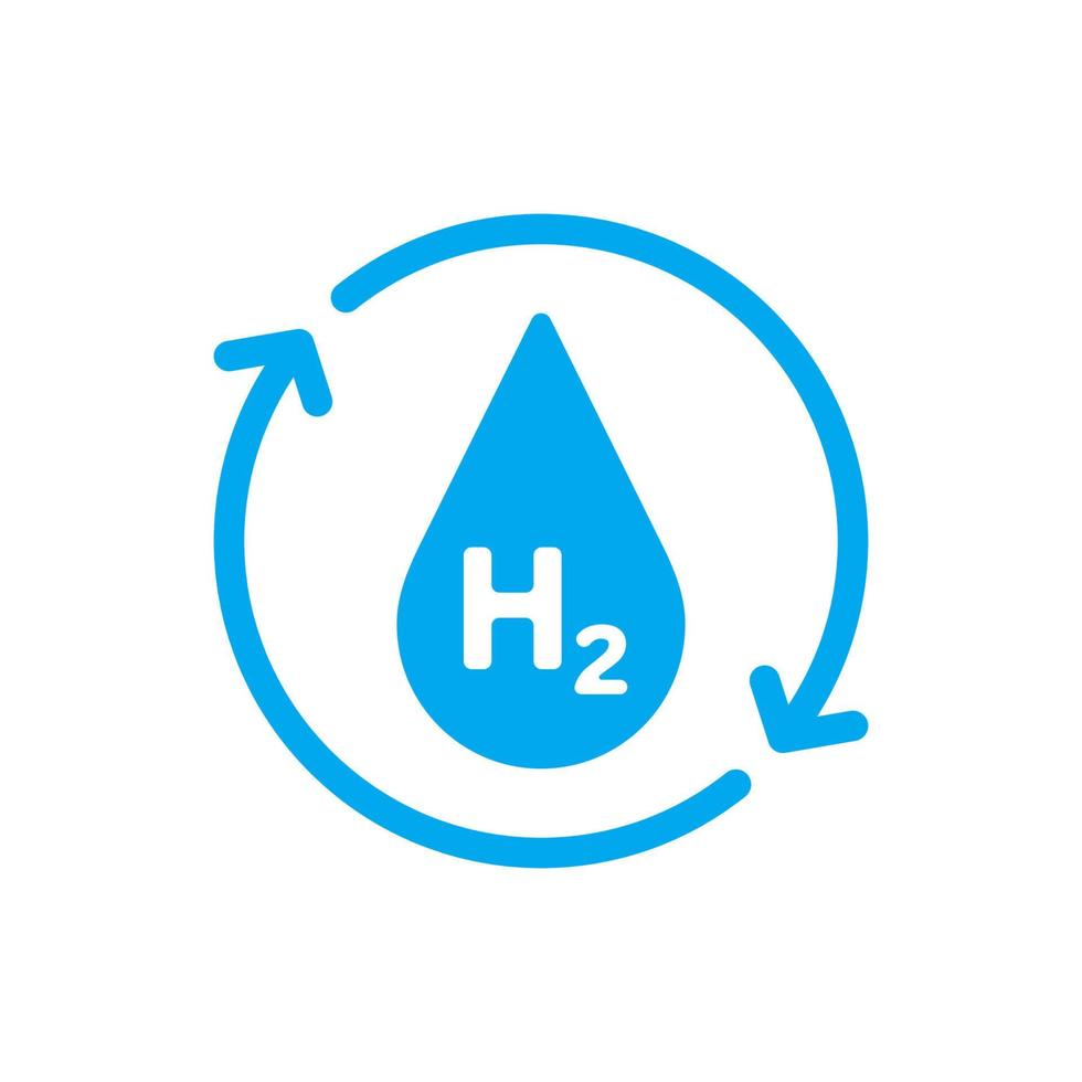 Hydrogen H2 icon. Renewable energy source. Blue water drop with two