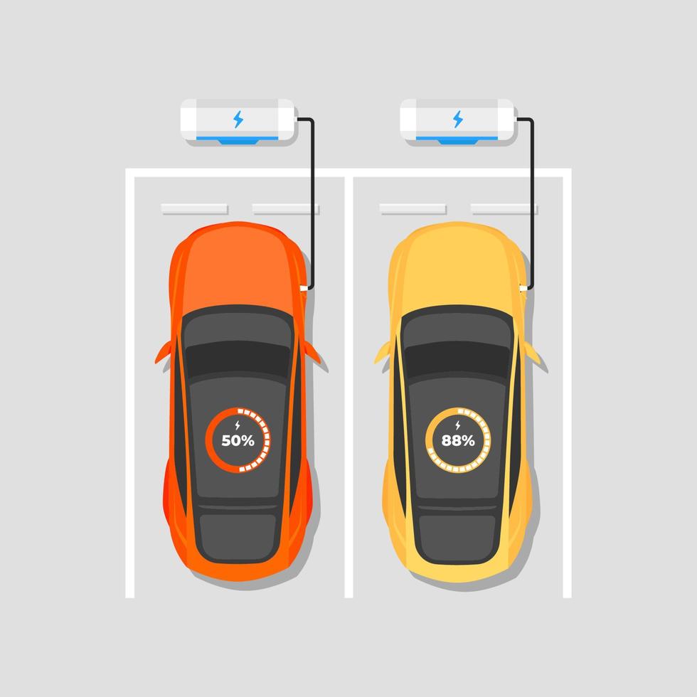 eléctrico coche cargando a ev poder estación. estacionamiento a cargando estación. eléctrico vehículo consiguiendo energía. parte superior vista. vector