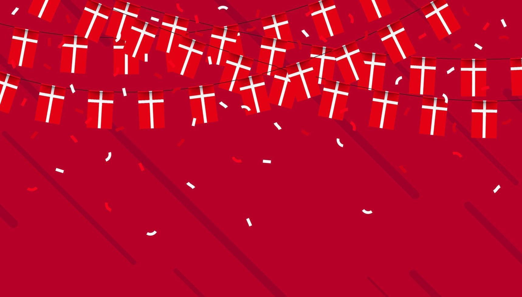Dinamarca celebracion verderón banderas con papel picado y cintas en rojo antecedentes. vector ilustración.