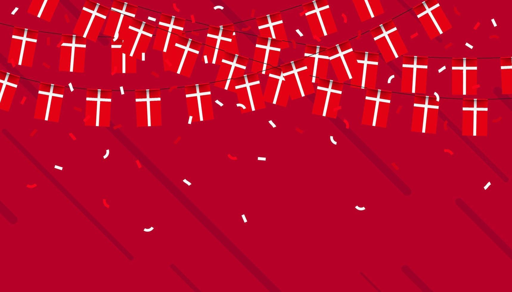 Denmark celebration bunting flags with confetti and ribbons on red background. vector illustration.