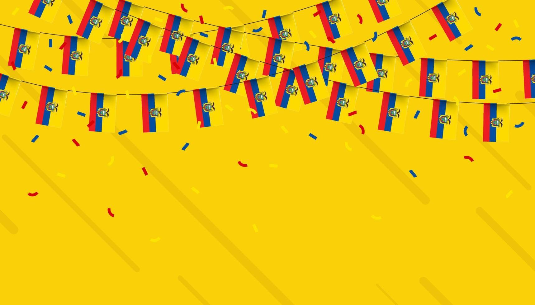 Ecuador celebration bunting flags with confetti and ribbons on yellow background. vector illustration.