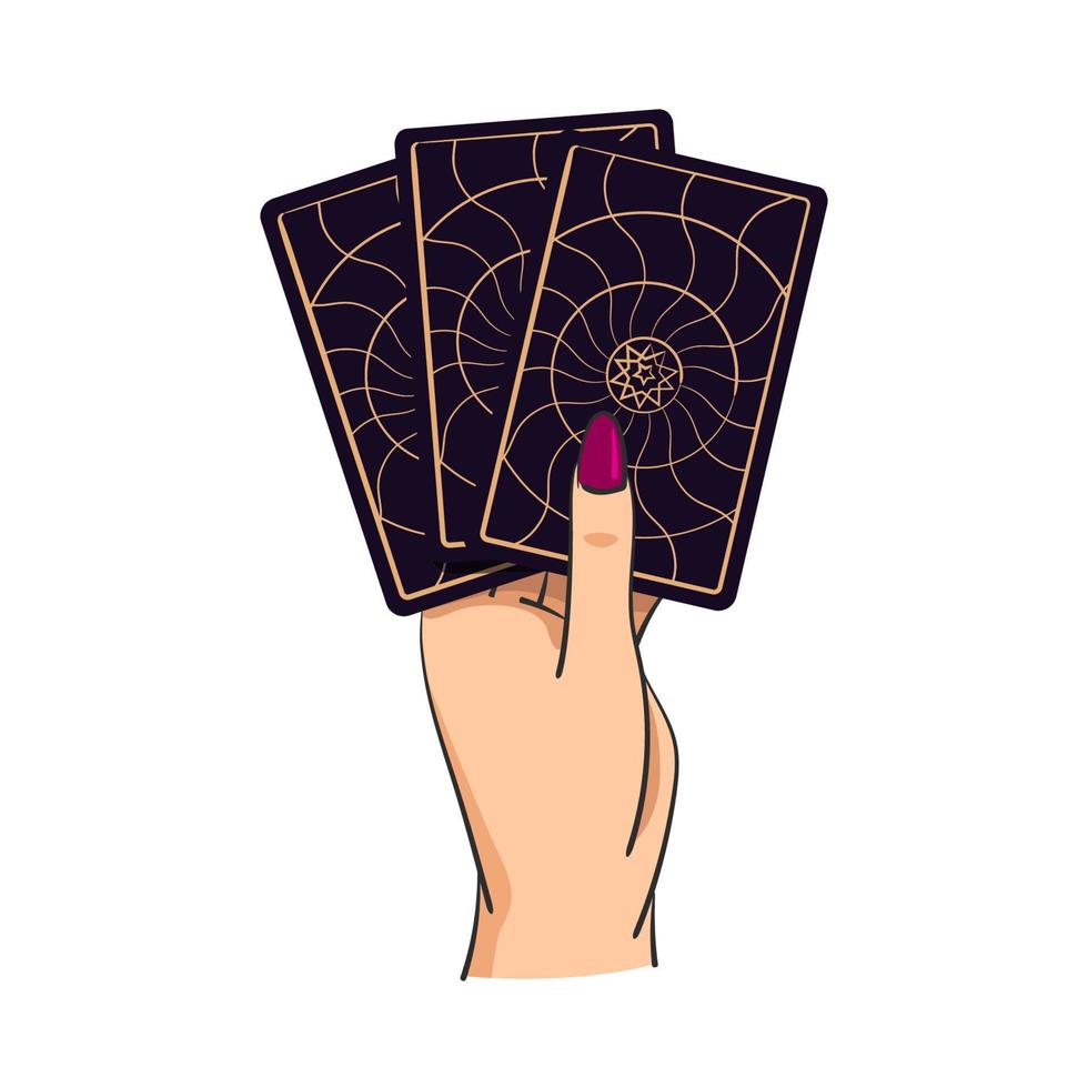 Female hand holds magic tarot cards, symbol of fortune-telling and prediction, astrology. isolated on white background. vector