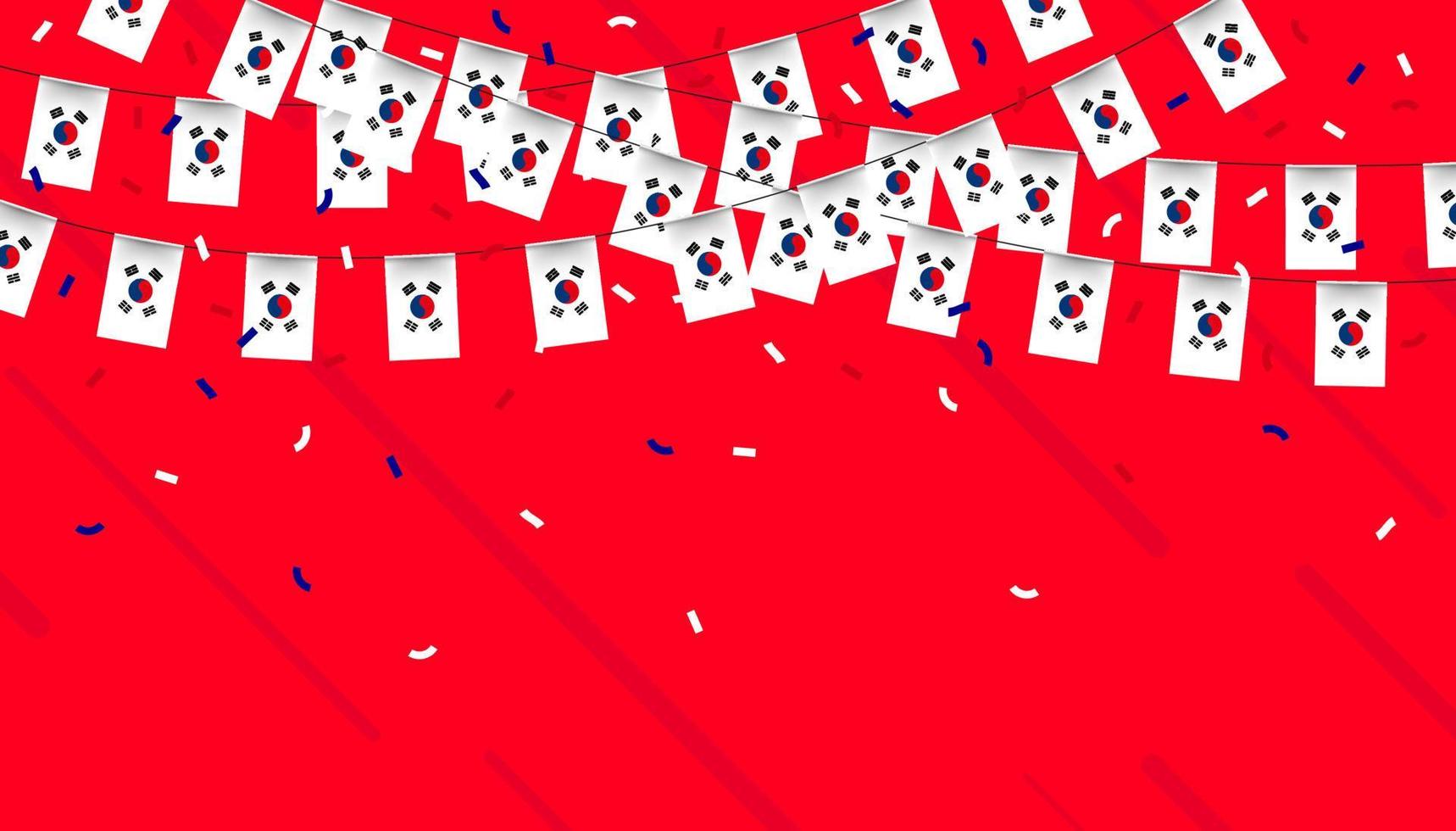 South Korea celebration bunting flags with confetti and ribbons on red background. vector illustration.