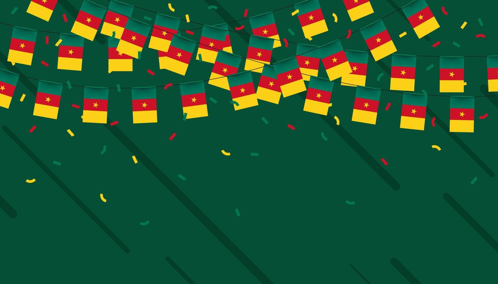 Cameroon celebration bunting flags with confetti and ribbons on green background. vector illustration.
