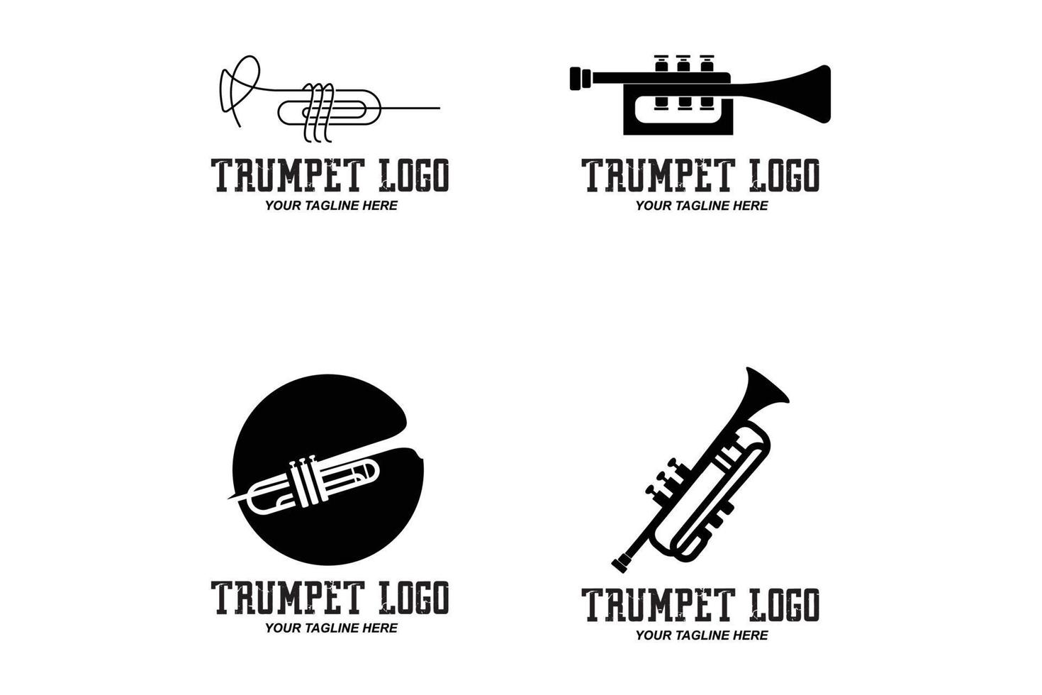 diseño de logotipo de trompeta, generar melodía, ilustración de boceto de vector de instrumento musical
