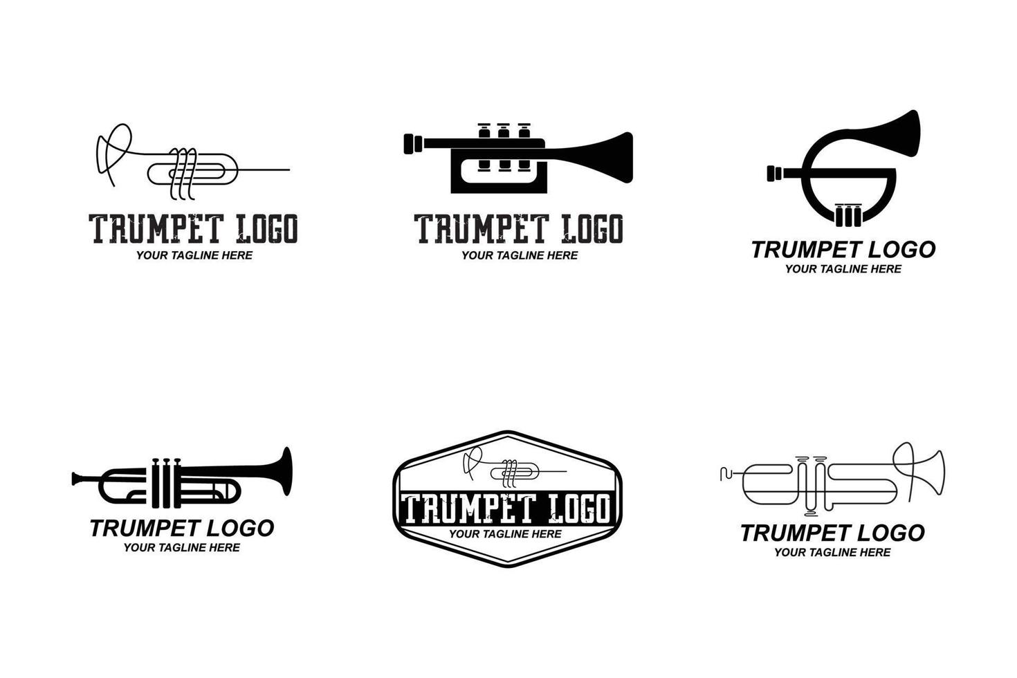 diseño de logotipo de trompeta, generar melodía, ilustración de boceto de vector de instrumento musical