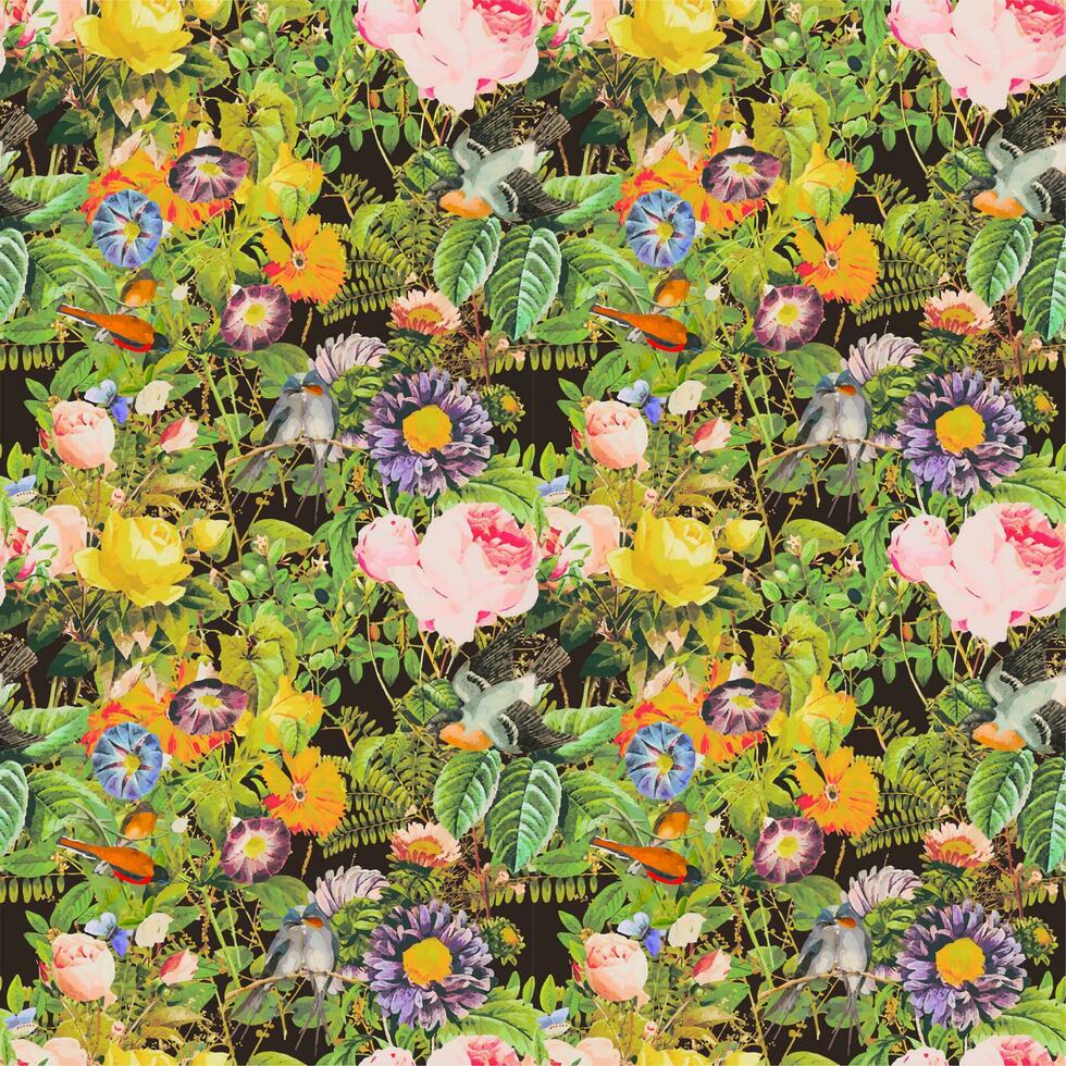Luxury floral seamless pattern for creating textiles, wallpaper, paper. Print nature themes background. Seamless background with garden flowers, bird and. Vintage. Vector Illustration. free download