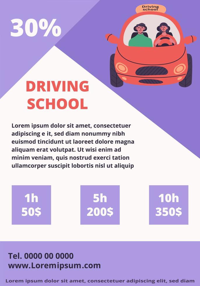 Driving school banner concept. Young woman drive little red car with instructor. vector