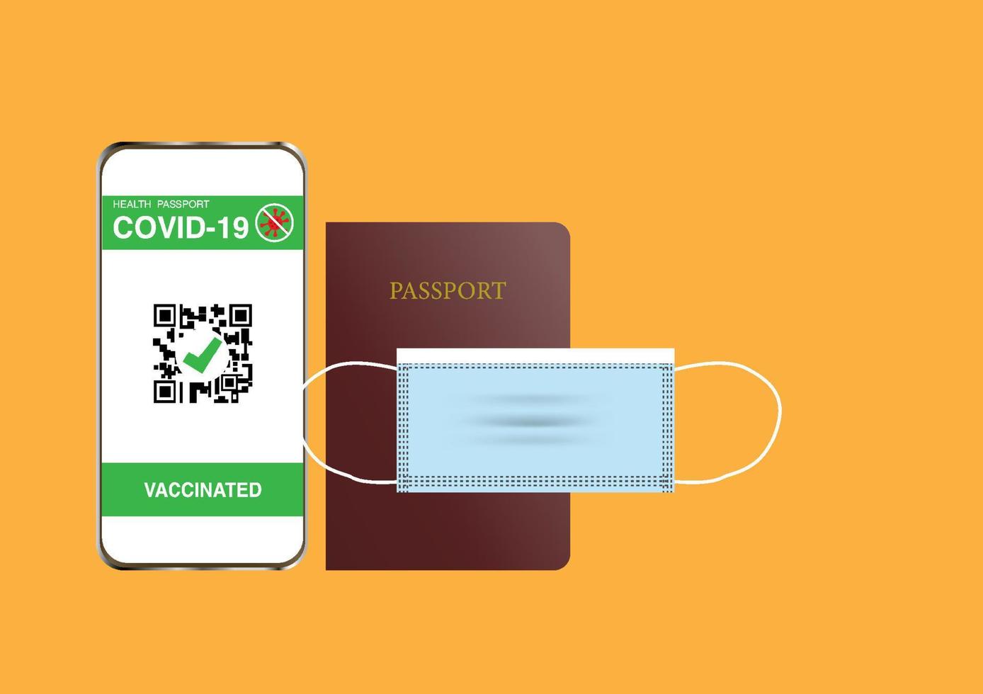 Travel in new normal concept. Passport, vaccine passport on mobile phone and face mask. vector