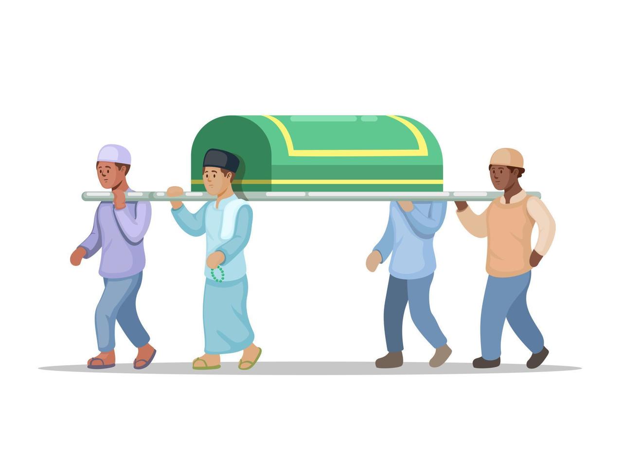 muslim funeral, pallbearer carrying coffin to cemetry in islam religion cartoon illustration vector