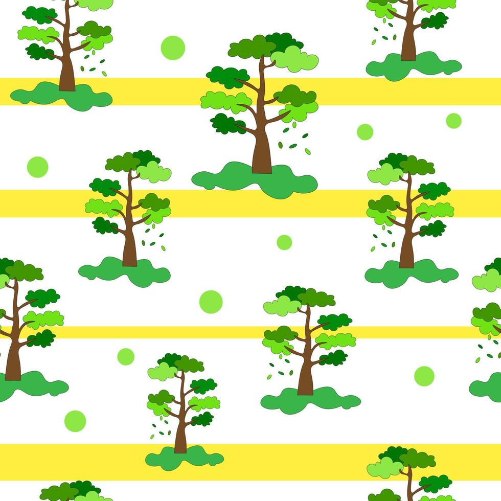 Ecological, natural, Seamless pattern deciduous tree, oak with green crown, falling leaves, with horizontal stripes of yellow.   Vector Eps10