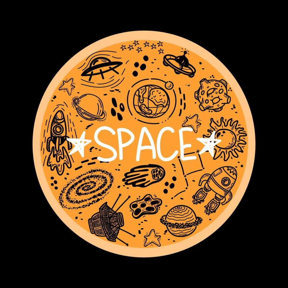 Set of space elements in a circle on a black background. Hand-drawn space inscription. Hand drawn doodle style elements. Black Hole. Rockets, satellite, flying saucer. Space objects and stars vector