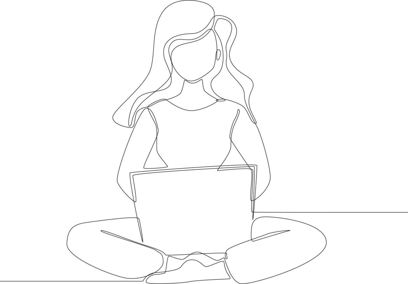 Continuous one line drawing young girl sitting and doing about task with laptop. Single line draw design vector graphic illustration.