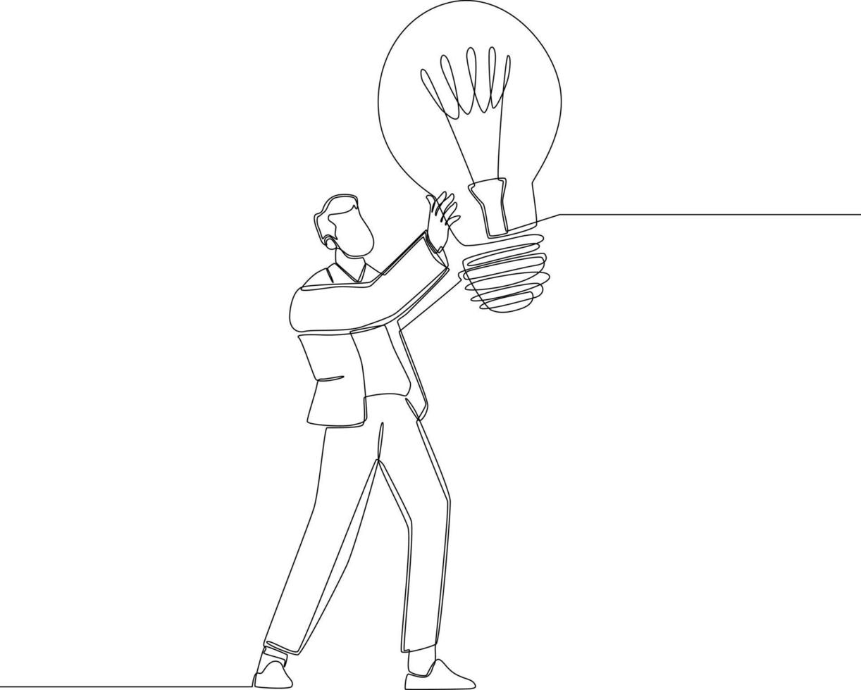 Single continuous line drawing of businessman standing and holding electric light bulb isolated on white background. Concept of finding brilliant ideas. vector illustration.