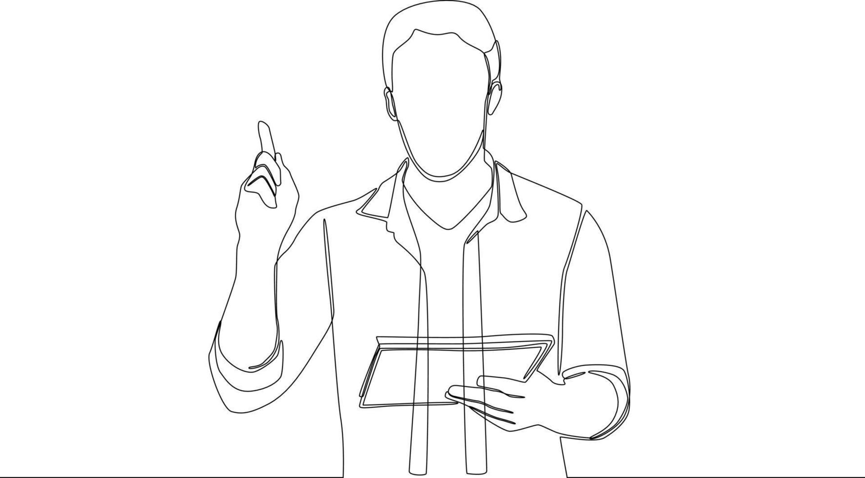 Continuous one line drawing Portrait of Young businessman standing and showing index finger sign on hand with tablet. Single line draw design vector graphic illustration.