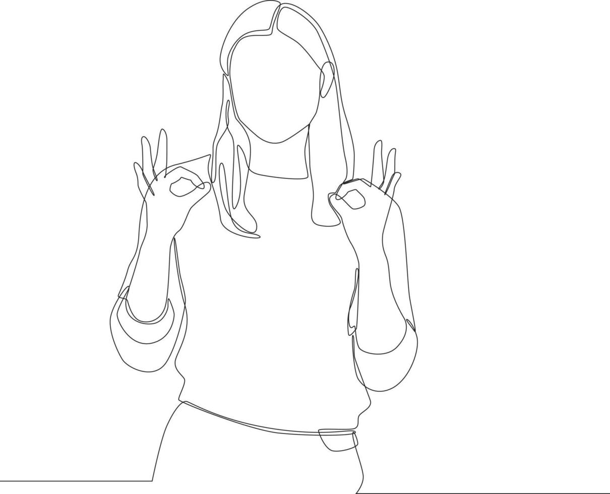 Continuous one line drawing Portrait of Young beautiful businesswoman showing ok sign on hand. Single line draw design vector graphic illustration.