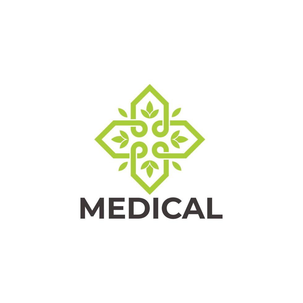 leaf plus medical herbs line design symbol logo vector
