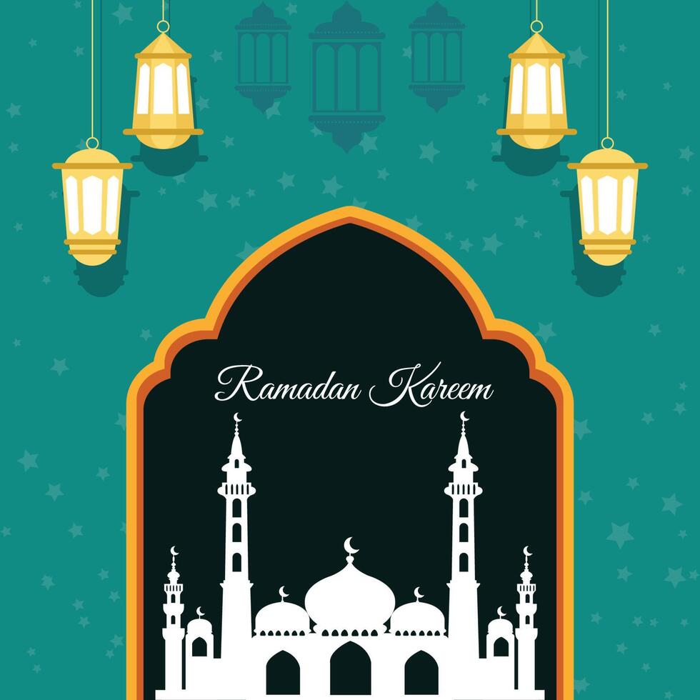 Ramadan Kareem greeting card background vector design, Islamic holidays, with star lamp mosque design and Arabic writing