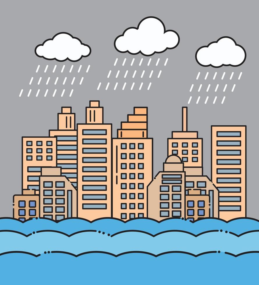 Flood natural disaster with house, heavy rain and storm , damage with home, clouds and rain, flooding water in city,Flooded house. vector