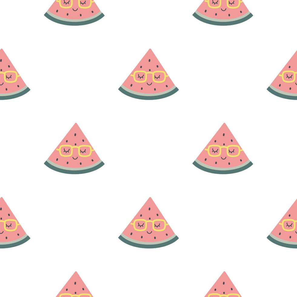 Funny watermelon seamless pattern. Slices of delicious summer fruit with different kawaii emotions in a cute flat cartoon style. vector