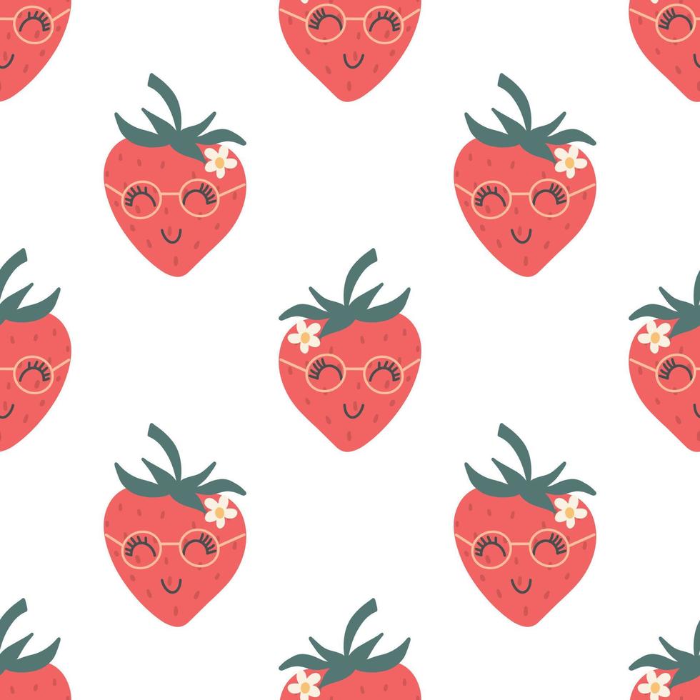 Strawberry creative seamless pattern. Funny red characters with happy faces. Vector cartoon illustration in simple hand drawn scandinavian style. Ideal for printing baby products