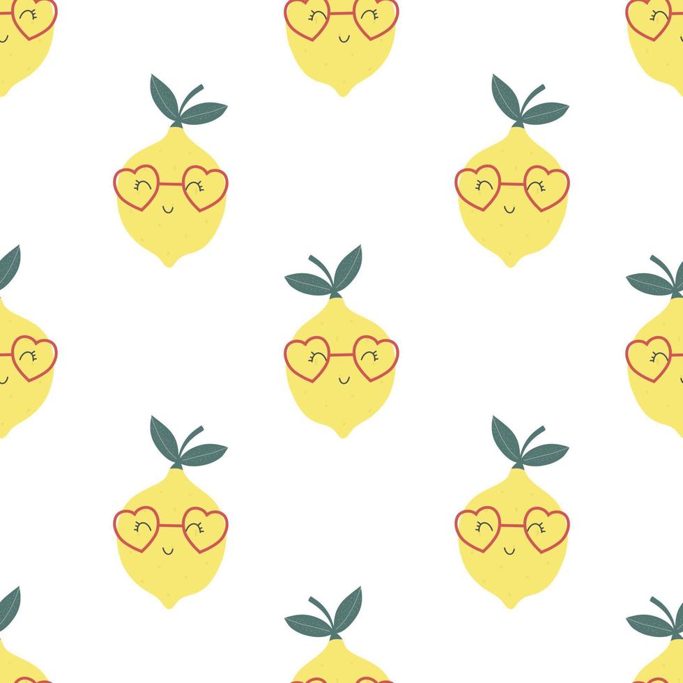 Lemon seamless pattern. Funny yellow characters with happy faces. Vector cartoon illustration in simple hand drawn scandinavian style.