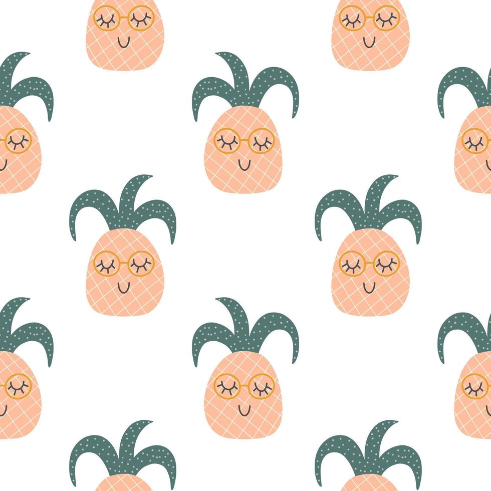 Pineapple seamless pattern. Funny tropical characters with happy faces. Vector cartoon illustration in simple hand drawn scandinavian style.