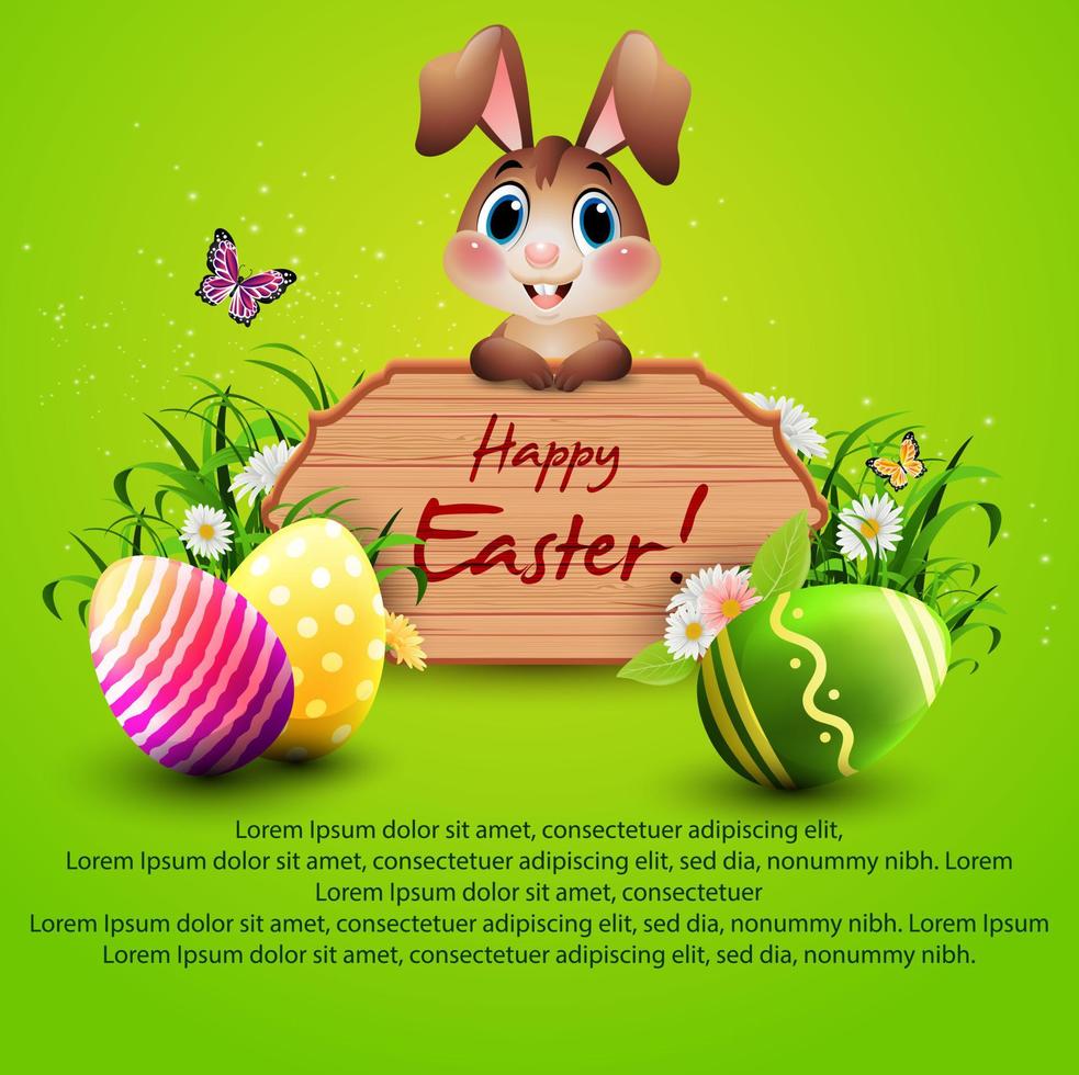 Cute Easter bunny with a wooden sign and colorful eggs on green background vector