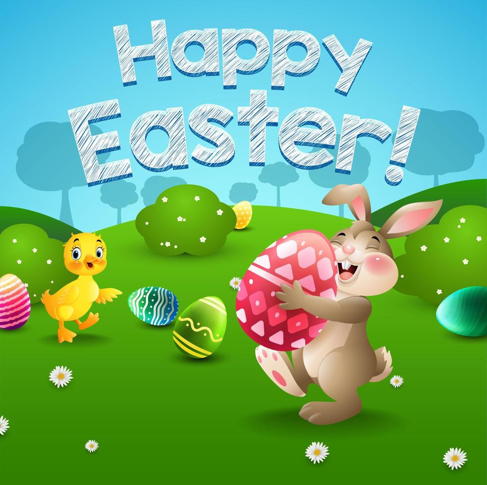 Easter bunny and eggs with little duck in field vector