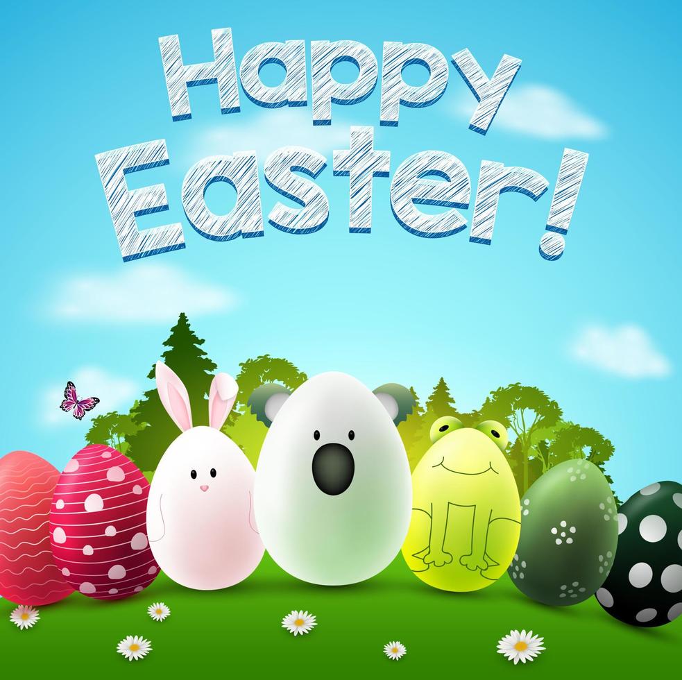 Set of face animals in eggs. Rabbit, koala, frog. Funny Animal characters. Happy Easter day in the garden vector