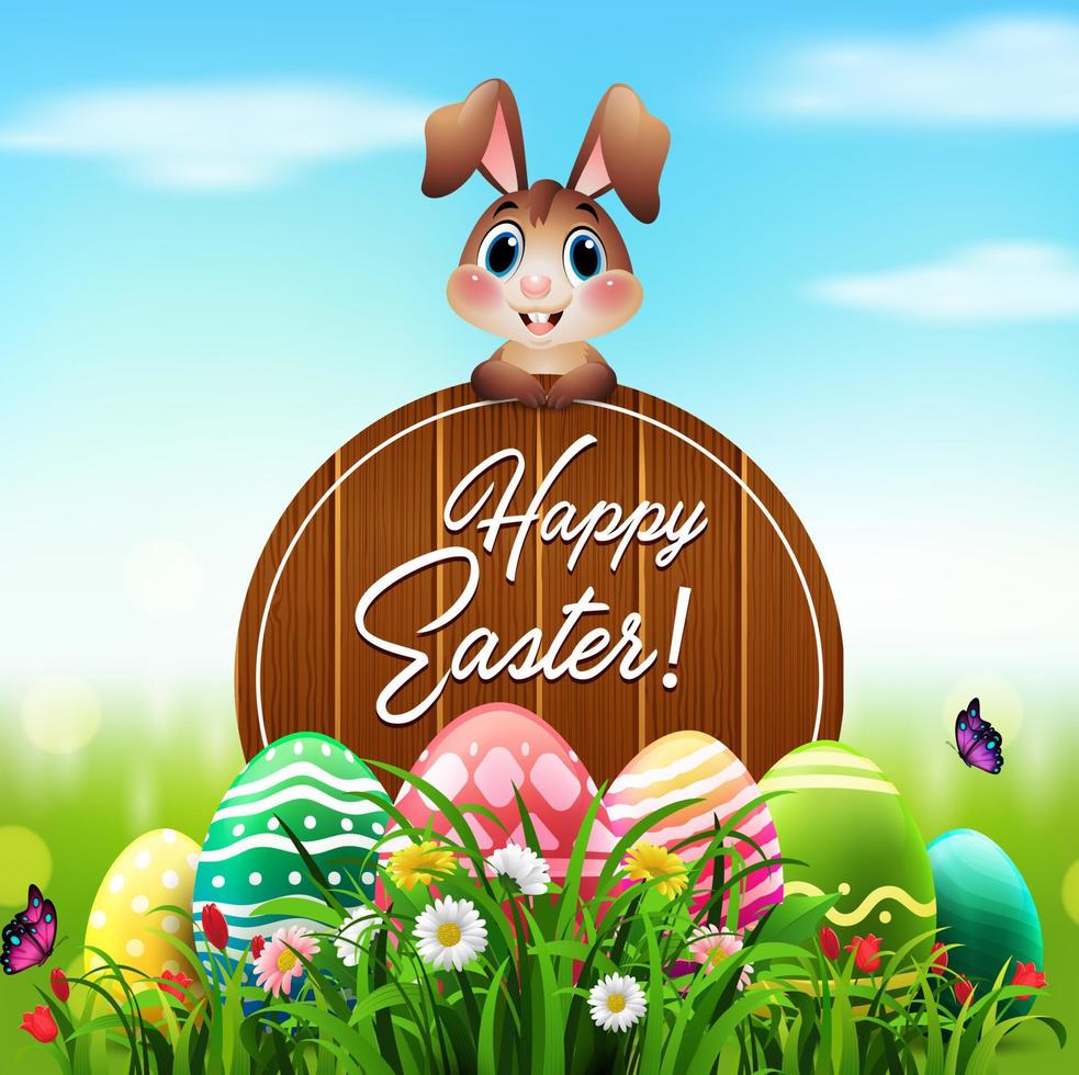 Cute Easter bunny with a wooden sign and colorful eggs in the garden vector