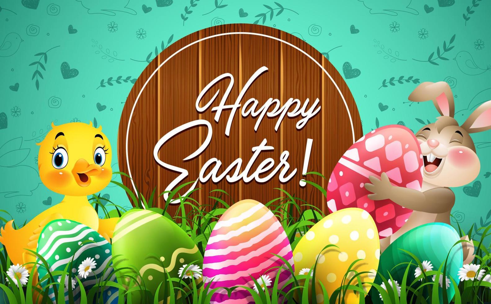 Easter greeting card with little rabbit, duckling, colorful eggs and a wooden sign vector