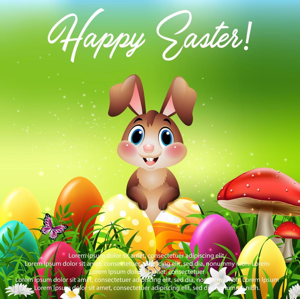 Cute little rabbit with Easter eggs in a field vector